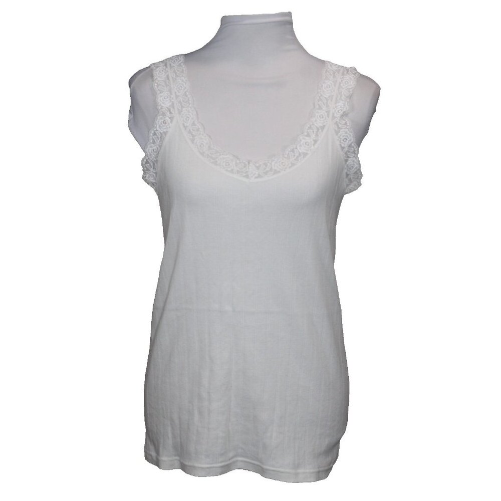 Vavonne Tank Top Women's Large Ribbed Cotton White Lace Trim Camisole